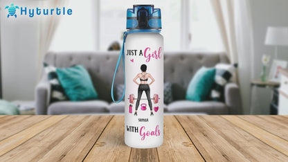 Just A Girl With Goals Water Bottle Tracker 32oz Personalized – Fitness Motivational Daily Bottle with Time Marker – Unique Gym Gift
