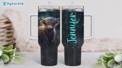 Highland Cow Night Glow Tumbler 40oz with Handle & Straw – Personalized Stainless Steel Insulated Cup with Lid – Creative Gift for Animal Lovers
