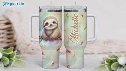 Cute Sloth Tumbler 40oz with Handle & Straw – Personalized Stainless Steel Travel Cup with Lid – Adorable Gift for Animal Lovers