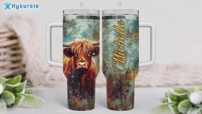 Highland Cow Art Tumbler 40oz – Personalized Stainless Steel Insulated Travel Cup with Handle & Straw, Leak-Proof Lid – Creative Gift for Farm Lovers