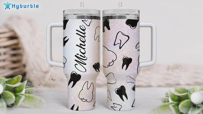 Dentist Themed Tumbler 40oz with Handle & Straw – Personalized Stainless Steel Travel Cup with Lid – Fun Gift for Dental Professionals