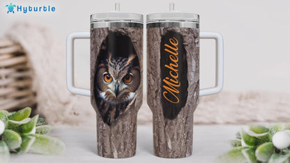 Realistic Owl Tree Hollow Tumbler 40oz with Handle & Straw – Personalized Stainless Steel Travel Cup with Lid – Unique Gift for Owl Lovers