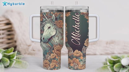 Floral Unicorn Tumbler 40oz with Handle & Straw – Personalized Stainless Steel Travel Cup with Lid – Magical Gift for Fantasy Lovers