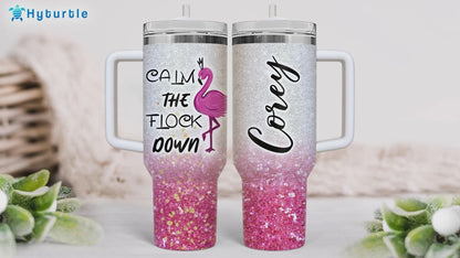 Flamingo Glitter Tumbler 40oz with Handle & Straw – Personalized Stainless Steel Insulated Cup with Lid – Fun Gift for Flamingo Lovers