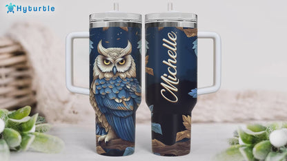 Elegant Owl Tumbler 40oz with Handle & Straw – Personalized Stainless Steel Insulated Travel Cup with Lid – Stylish Gift for Owl Lovers