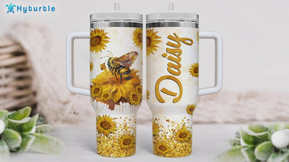Sunflower Bee Tumbler 40oz with Handle & Straw – Personalized Stainless Steel Insulated Travel Cup with Lid – Unique Gift for Bee Lovers