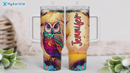 Colorful Owl Tumbler 40oz – Personalized Stainless Steel Insulated Travel Cup with Handle & Straw – Artistic Gift for Owl Lovers