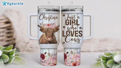 Floral Highland Cow Tumbler 40oz with Handle & Straw – Personalized Stainless Steel Travel Cup with Lid – Unique Gift for Farm Animal Lovers