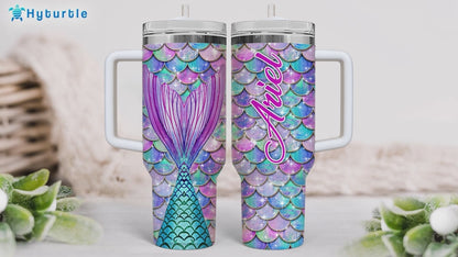 Mermaid Tail Tumbler 40oz with Handle & Straw – Personalized Stainless Steel Insulated Travel Cup with Lid – Unique Gift for Mermaid Lovers