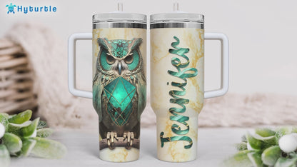 Owl & Gemstone Tumbler 40oz with Handle & Straw – Personalized Stainless Steel Insulated Travel Cup with Lid – Artistic Gift for Owl Lovers