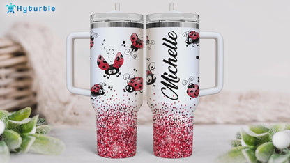 Cute Ladybug Glitter Tumbler 40oz with Handle & Straw – Personalized Stainless Steel Travel Cup with Lid – Adorable Gift for Ladybug Lovers