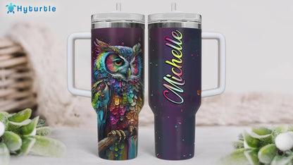 Colorful Owl Tumbler 40oz with Handle & Straw – Personalized Stainless Steel Insulated Travel Cup with Lid – Artistic Gift for Owl Lovers