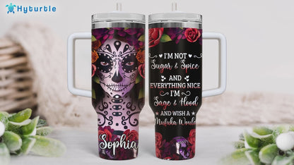 Sugar Skull Tumbler 40oz – Personalized Stainless Steel Insulated Cup with Handle & Straw, Leak-Proof Lid – Artistic Gothic Gift for Day of the Dead Lovers