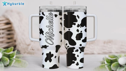 Cow Print Tumbler 40oz – Personalized Stainless Steel Insulated Travel Cup with Handle & Straw, Leak-Proof Lid – Unique Gift for Farm Animal Lovers
