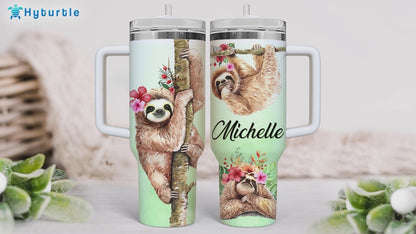 Tropical Sloth Tumbler 40oz with Handle & Straw – Personalized Stainless Steel Insulated Travel Cup with Lid – Cute Gift for Sloth Lovers