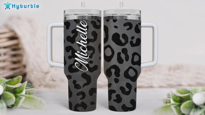 Black Leopard Print Tumbler 40oz with Handle & Straw – Personalized Stainless Steel Insulated Cup with Lid – Stylish Gift for Women