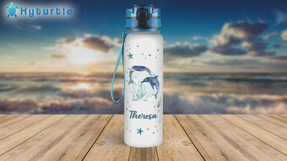 Couple Dolphins Water Bottle Tracker 32oz – Personalized Daily Bottle with Time Marker – Ocean Gift for Women Girls