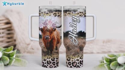 Floral Highland Cow Tumbler 40oz – Personalized Stainless Steel Insulated Travel Cup with Handle & Straw, Leak-Proof Lid – Stylish Gift for Farm Animal Lovers