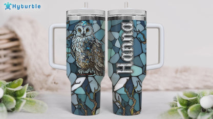 Blue Mosaic Owl Tumbler 40oz with Handle & Straw – Personalized Stainless Steel Insulated Travel Cup with Lid – Stylish Gift for Owl Lovers
