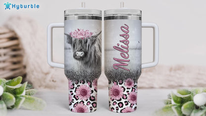 Highland Cow Floral Tumbler 40oz with Handle & Straw – Personalized Stainless Steel Travel Cup with Lid – Cute Farm Animal Gift for Women