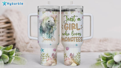 Manatee Ocean Lover Tumbler 40oz – Personalized Stainless Steel Travel Cup with Handle & Straw, Watercolor Marine Design – Unique Gift for Women & Girls